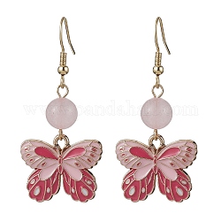 Orecchini pendenti a farfalla in lega smaltata, con perle di quarzo rosa naturale, 48x22mm