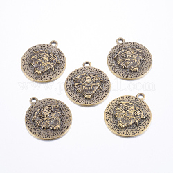 Pendentifs en alliage, plat et circulaire avec lion, sans plomb et sans cadmium, bronze antique, 39x1.5mm, Trou: 3.5mm