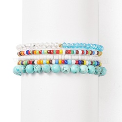 Ensembles de bracelets en perles extensibles en verre à facettes et turquoise synthétique (teint), bracelets de perles de rocaille de bohême pour les femmes, diamètre intérieur: 2-1/8~2-1/4 pouce (5.3~5.8 cm), 5 pièces / kit