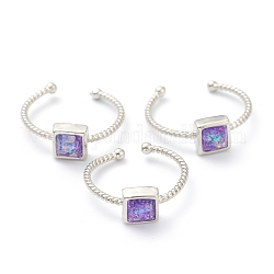 Anneaux de manchette en opale synthétique, anneaux ouverts, avec les accessoires en laiton, carrée, Platine plaqué réel, violet, nous taille 5, diamètre intérieur: 16 mm