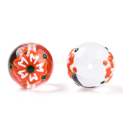 Transparente handgemachte Bunte Malerei Perlen, Runde mit Blumenmuster, orange rot, 17x16x15 mm, Bohrung: 1.8~2 mm