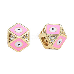 Micropave de latón transparente perlas de circonita, con esmalte, real 18k chapado en oro, octágono con mal de ojo, sin níquel, rosa perla, 11x11x8.5mm, agujero: 4 mm