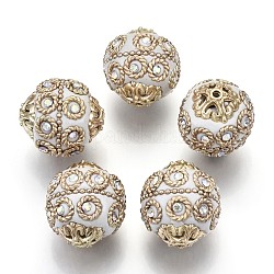 Perles Indonésiennes manuelles, avec les accessoires en métal, Placage de couleur or pâle, ronde, blanc, 20~21x19~20mm, Trou: 1.5mm