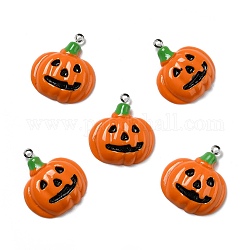 Pendentifs en résine opaque d'halloween, avec boucles en fer couleur platine, citrouille au visage maléfique, orange foncé, 30x26x6.5mm, Trou: 2mm