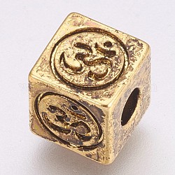 Brass Beads, Cube with Om Symbol, Antique Golden, 8x8x8mm, Hole: 3mm