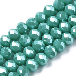 Abalorios de vidrio electroplate hebras, lustre de la perla chapado, facetados, rerondana plana, medio turquesa, 8x6mm, agujero: 1~1.4 mm, aproximamente 67~72 pcs / cadena, 16.14~16.53 pulgada (41~42 cm)