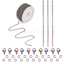 Kit de fabricación de conjunto de joyería de cadena de diy, incluyendo el revestimiento de iones de color del arco iris (ip) 304 cadena de cable de 5 m de acero inoxidable y 10 cierres y 20 anillos de salto, 1 carrete de plástico, color del arco iris, cadena de cable: 2x2x0.5 mm