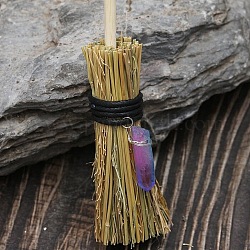 Mini-Hexen-Wicca-Altarbesen mit gefärbtem Naturkristallstab, Halloween-Heilung Wicca-Ritual-Dekor, Violett, 150x25 mm
