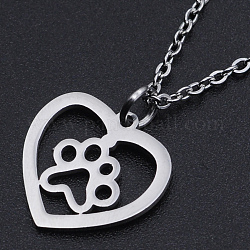 201 Stainless Steel Pendant Necklaces, with Cable Chains and Lobster Claw Clasps, Heart with Dog Paw Prints, Stainless Steel Color, 15.74 inch(40cm), 1.5mm