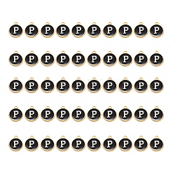 Golden Plated Alloy Charms, with Enamel, Enamelled Sequins, Flat Round, Black, Letter.P, 14x12x2mm, Hole: 1.5mm, 50pcs/Box
