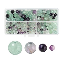 340pcs 4 perles de fluorite naturelle de style, ronde, 4mm / 6mm / 8mm / 10mm, Trou: 0.8~1mm