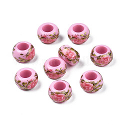Cuentas redondas de acrílico opaco con estampado de flores, Abalorios de grande agujero, rosa, 15x9mm, agujero: 7 mm