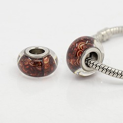 Glass European Beads, Large Hole Beads, with Platinum Color Brass Double Cores, Rondelle with Pattern, Dark Red, 14~14.5x8mm, Hole: 5mm