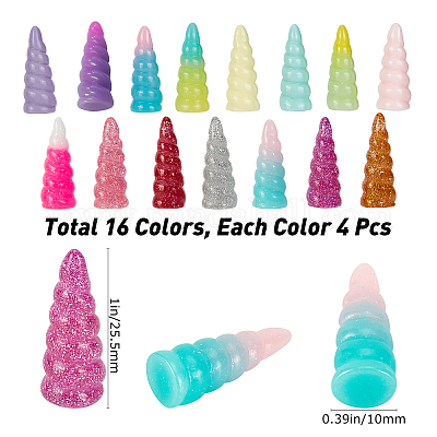 SUNNYCLUE 64Pcs 16 Colors Unicorn Resin Cabochon Colorful Unicorn Spiral  Horn Slime Charms Glitter Powder Mini 3D Cabochons Bulk for DIY Jewelry  Making Scrapbooking Embellishments Crafts Supplies 