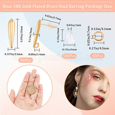 1 Box 40Pcs Real 18K Gold Plated Brass Hoop Earring Findings