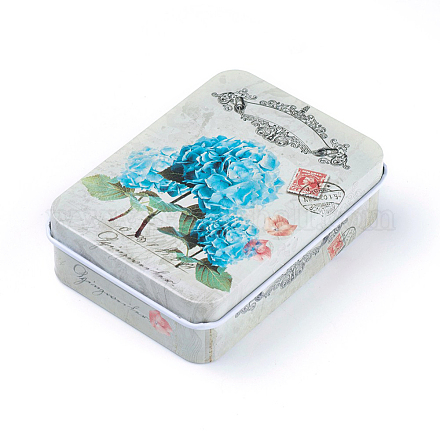 ミニかわいいブリキ収納ボックス  アクセサリー箱  キャンディボックス  花模様の長方形  ディープスカイブルー  9.5x6.9x2.6cm CON-WH0061-A06-1