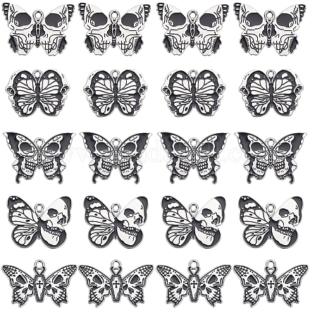 サニークルー20個5スタイルアロイエナメルペンダント  プラチナ  頭蓋骨と蝶  ブラック  19~23x28~30mm  4個/スタイル ENAM-SC0003-92-1