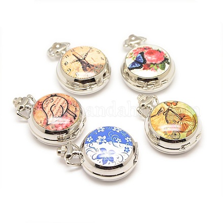 Mixed Styles Openable Flat Round Alloy Printed Porcelain Quartz Watch Heads for Pocket Watch Necklaces Making WACH-M111-M-1