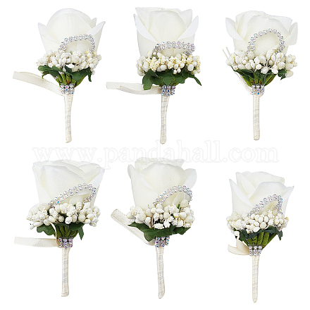 CRASPIRE Set of 6 White Rose Boutonnieres Groom and Best Man Boutonniere Rose Corsage Men Boutonniere Set for Groom Groomsmen Wedding Prom AJEW-WH0258-294C-1
