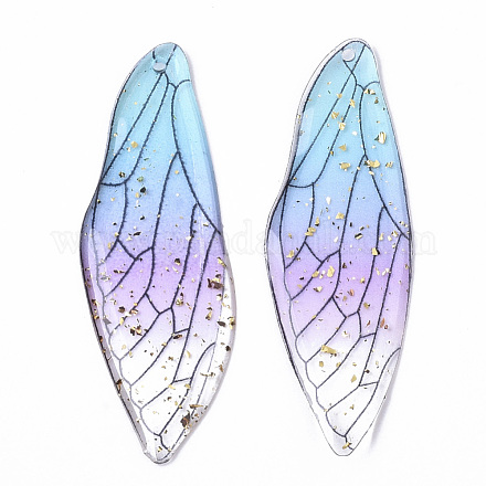 透明なエポキシ樹脂の大きなペンダント  金箔  昆虫の羽  ライトスカイブルー  51x16.5x1~2.5mm  穴：1.2mm X-RESI-T046-01D-1