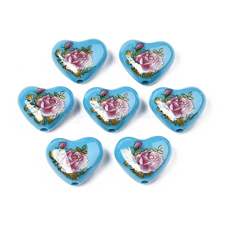 Flower Printed Opaque Acrylic Heart Beads SACR-S305-28-O04-1