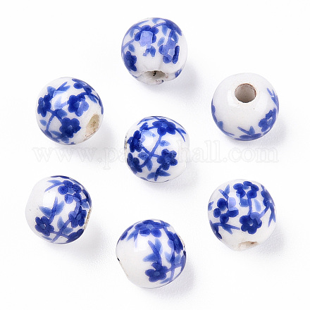 手作りの陶器ビーズ  青と​​白の磁器  花の丸  ブルー  6mm  穴：1.6mm PORC-E021-02A-1