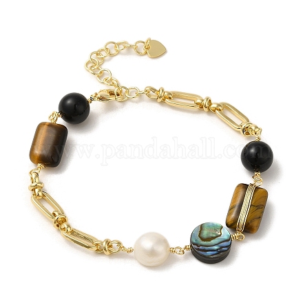 Natural Tiger Eye & Shell & Obsidian Link Bracelets BJEW-C051-35G-1