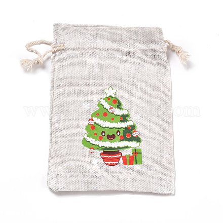 クリスマスコットンクロス収納ポーチ  長方形巾着袋  キャンディーギフトバッグ用  クリスマスツリー模様  13.8x10x0.1cm ABAG-M004-02P-1