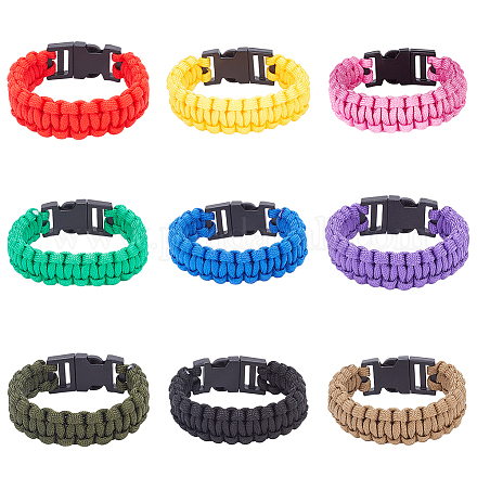 Anattasoul 9 pièces 9 couleurs survie polyester cordon bracelets ensemble avec fermoirs en plastique pour la randonnée camping en plein air BJEW-AN0001-60-1