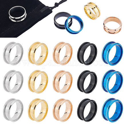 Unicraftale 20 pieza 5 colores anillo central en blanco tamaño 7 anillo de dedo ranurado de acero inoxidable para incrustaciones anillos redondos vacíos en blanco con bolsas de terciopelo para hacer joyas STAS-UN0040-17-1