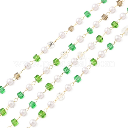 Faceted Cube Glass & ABS Plastic Imitation Pearl Beaded Chains CHS-G026-02KCG-01-1