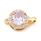 Brass Micro Pave Cubic Zirconia Box Clasps, with Glass, Flat Round, Real 18K Gold Plated, Lilac, 16.5x10x7mm, Hole: 1.2mm