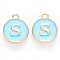 Golden Plated Alloy Enamel Charms, Cadmium Free & Lead Free, Enamelled Sequins, Flat Round, Sky Blue, Letter.S, 14x12x2mm, Hole: 1.5mm