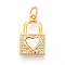 Brass Micro Pave Clear Cubic Zirconia Pendants, with Shell, Lock & Heart, with Jump Ring, Real 18K Gold Plated, 18x10x2mm, Hole: 3mm
