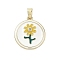 Brass Micro Pave Cubic Zirconia Pendants, Flat Round with Flower, with Enamel, Rack Plating, Long-Lasting Plated, Lead Free & Cadmium Free, Real 18K Gold Plated, White, 22.5x20x3mm, Hole: 2.5x5.5mm