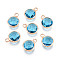 Golden Tone Brass Glass Charms, Flat Round, Faceted, Cyan, 11~12x8.5~9x3.5~4mm, Hole: 1.8~2mm