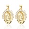 Brass Pendants, with Clear Cubic Zirconia, Oval with Religion Virgin Mary Charm, Real 18K Gold Plated, 22x14.5x2mm, Hole: 5x3mm
