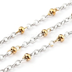 Chaînes à câbles en acier inoxydable 304 bicolore, avec bobine et perles rondes, soudé, or et acier inoxydable Couleur, 2.5x2x0.5mm, environ 32.81 pied (10 m)/rouleau
