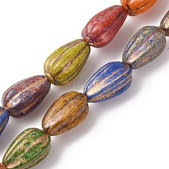 Fili di perline in vetro stampato, metallo dorato allacciati, lacrima, colore misto, 13~13.5x8mm, Foro: 1.2 mm, circa 30pcs/filo, 15.55'' (39.5 cm)
