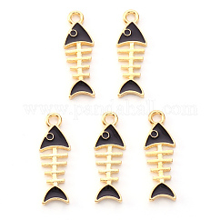 Colgantes de esmalte de aleación chapados en oro claro, espina de pescado, negro, 24x8x1.5mm, agujero: 2 mm