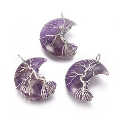 Colgantes envueltos en alambre del árbol de la vida de amatista natural, con fornituras de latón, luna creciente, Platino, 44~46x26~32x12.5mm, agujero: 6.5x4.5 mm