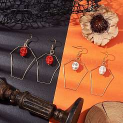 Женские серьги с подвесками из синтетической окрашенной бирюзы и медной проволоки в стиле Хэллоуина с черепом&nbsp;EJEW-JE05884