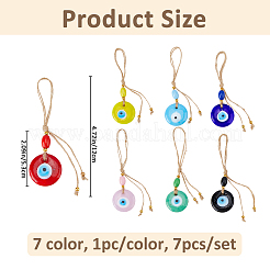 7 pièce de 7 couleurs de pendentif en forme de mauvais œil plat et rond fait à la main avec des perles en bois&nbsp;HJEW-FH00248