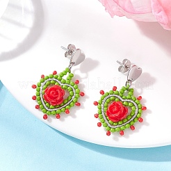 Серьги-гвоздики в форме сердца из нержавеющей стали со стеклянными вставками&nbsp;EJEW-MZ00608-02