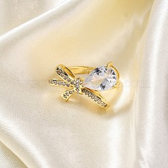 Регулируемая стойка покрытие латунь прозрачный кубический цирконий перстни для женщин&nbsp;RJEW-M028-09G