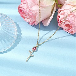 Collane con ciondolo in ottone e zirconi cubici a forma di fiore di rosa&nbsp;NJEW-JN05055-01