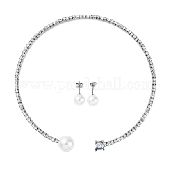 Orecchini rotondi in plastica con perle finte e set di collane girocollo con polsino quadrato in zirconia cubica e strass&nbsp;SJEW-U003-02P