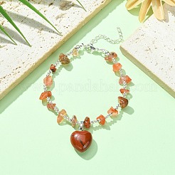 Braccialetto con ciondolo a cuore in diaspro rosso naturale con catene di perline&nbsp;BJEW-TA00295-04