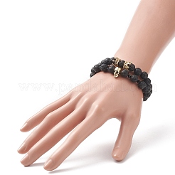 Ensemble de bracelets extensibles perlés en laiton et pierre de lave naturelle 2 pièces 2 styles&nbsp;BJEW-JB09244-04