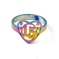 Bague réglable en acier inoxydable 201 avec placage ionique (IP) en forme de cœur et numéro 15 pour femme&nbsp;RJEW-C045-12M